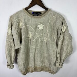 Vintage IB Diffusion Linen Sweater Medium Beige Embroidered Boho Whimsigoth